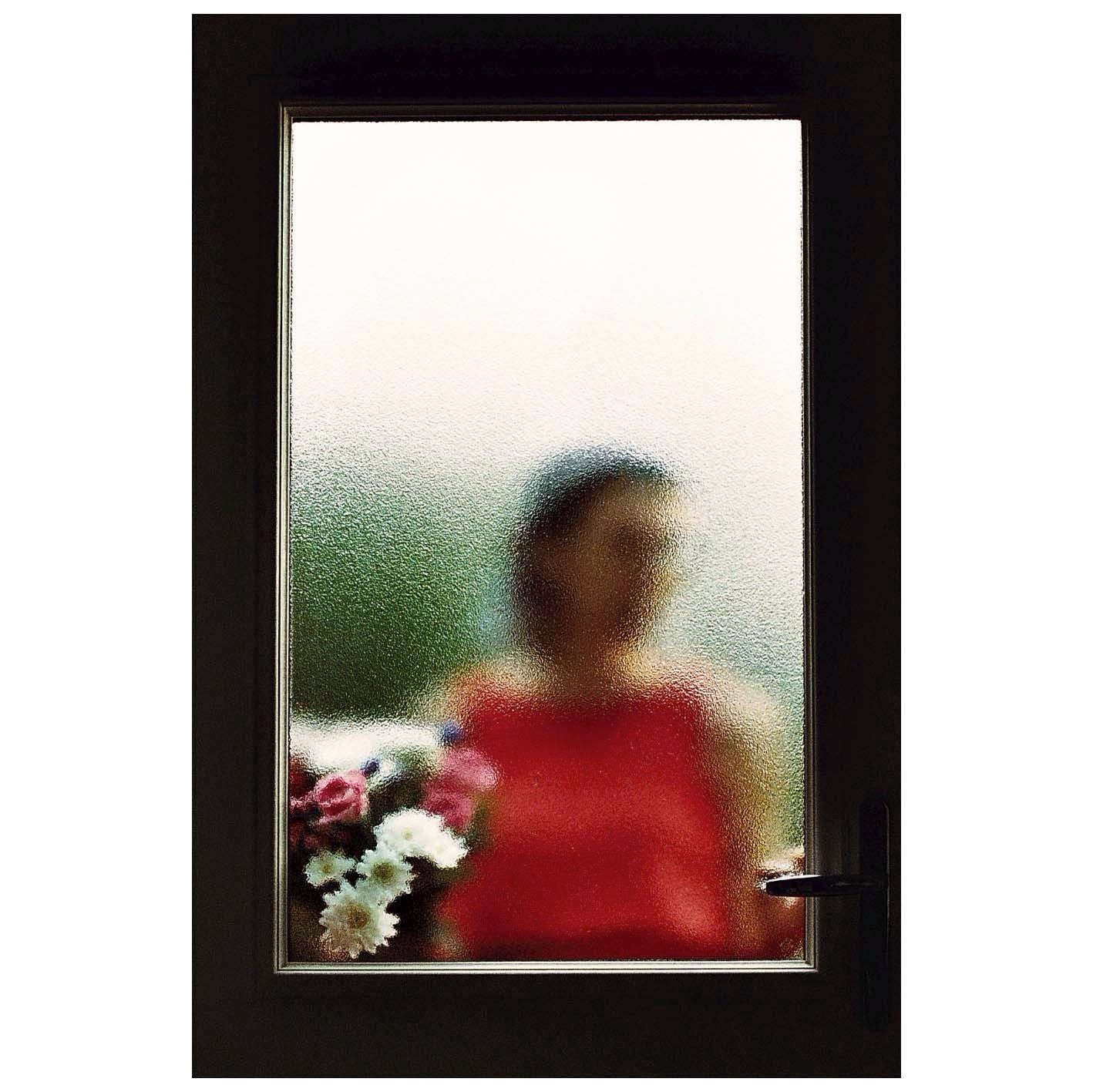A woman in a red top stands behind a textured glass door with flowers.