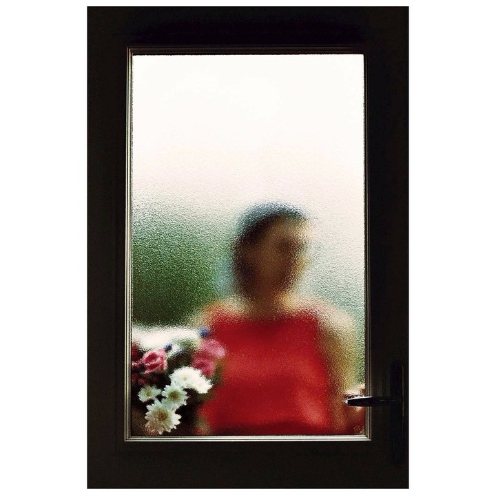 A woman in a red top stands behind a textured glass door with flowers.