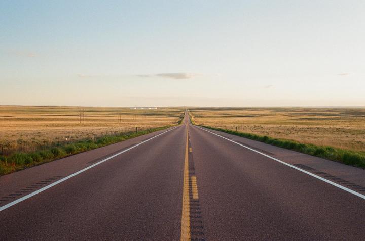 A long, straight road stretches into the distance through a flat, grassy landscape under a pale sky.