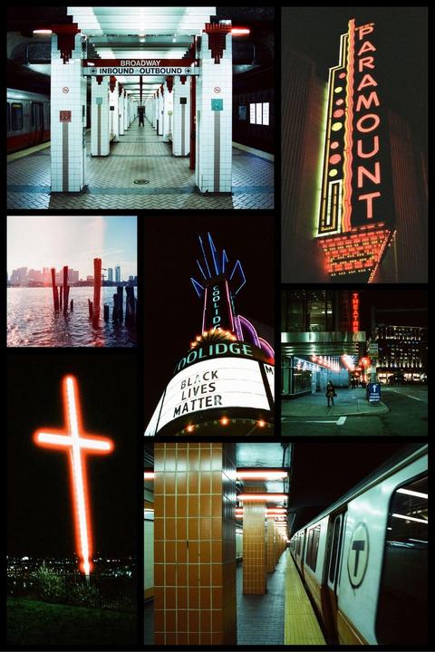 A collage of nine photographs shows various scenes including subway stations, cityscapes, and neon signs at night.