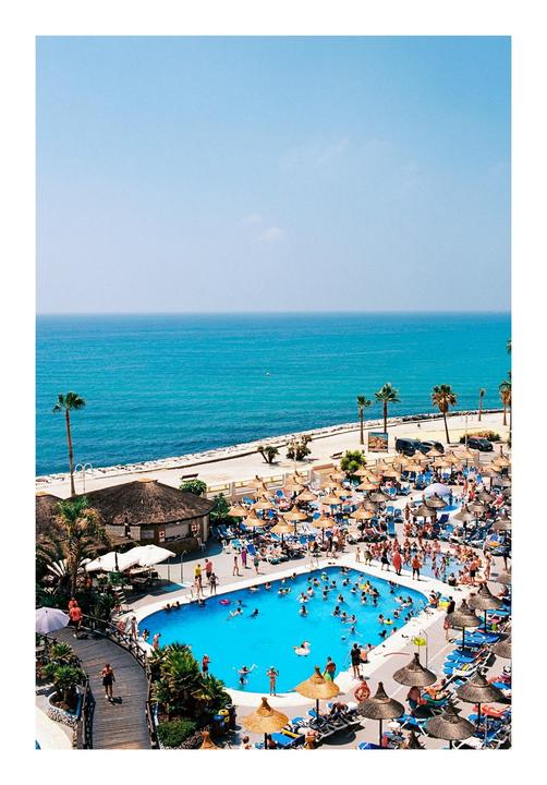 A large swimming pool filled with people is next to a beach with palm trees and the ocean.