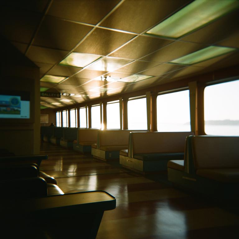 The interior of a ferry is illuminated by bright evening light streaming through the windows.
