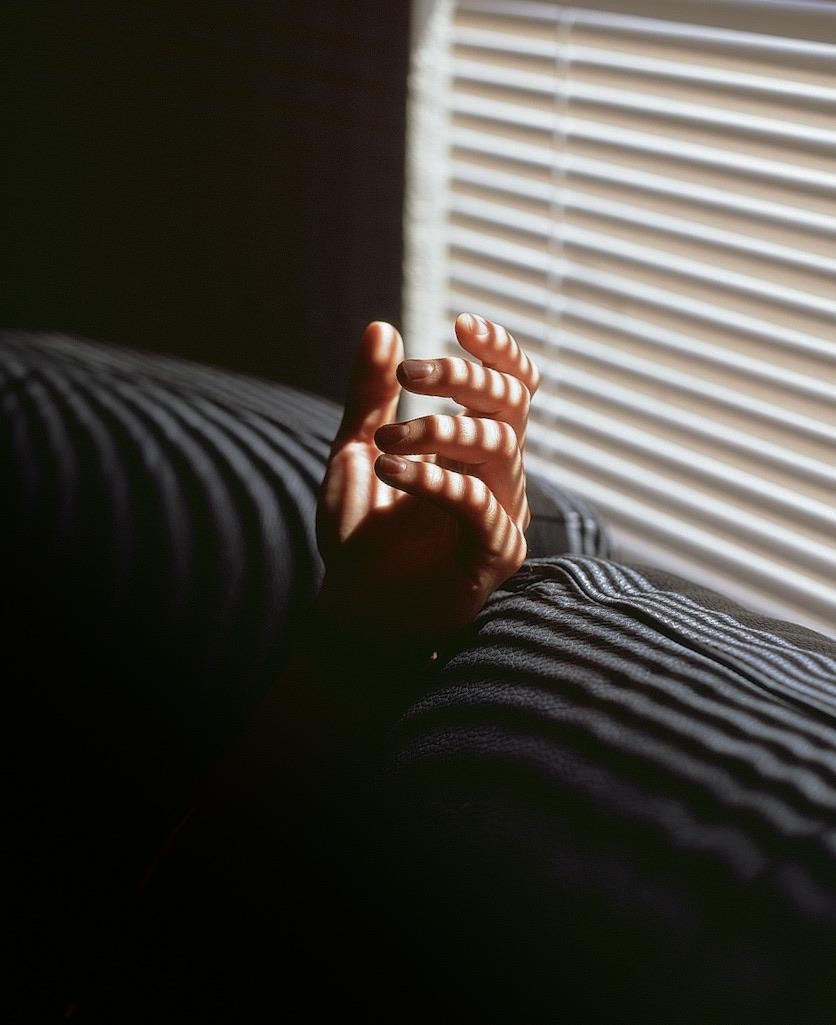 A hand is illuminated by sunlight streaming through window blinds, casting striped shadows on the hand and a dark surface.