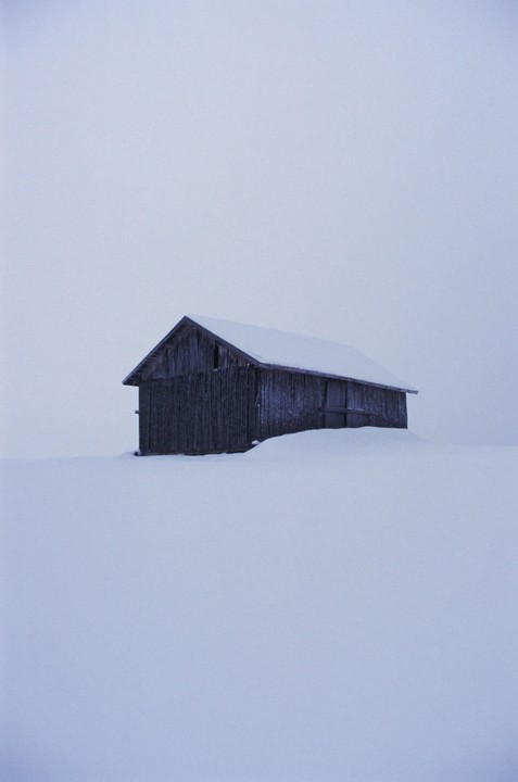 A wooden barn is partially covered in snow in a vast, snowy landscape under a pale sky.