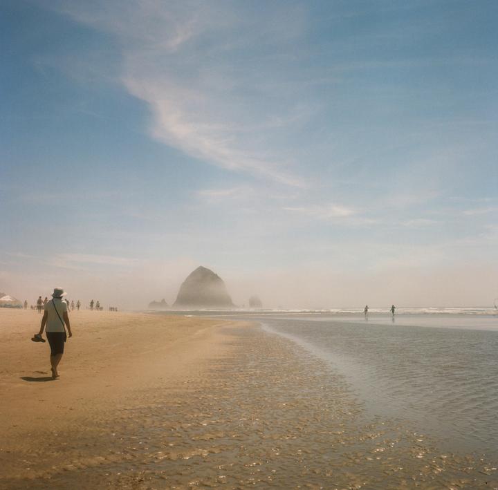 A woman walks along a sandy beach toward a large rock formation shrouded in mist.