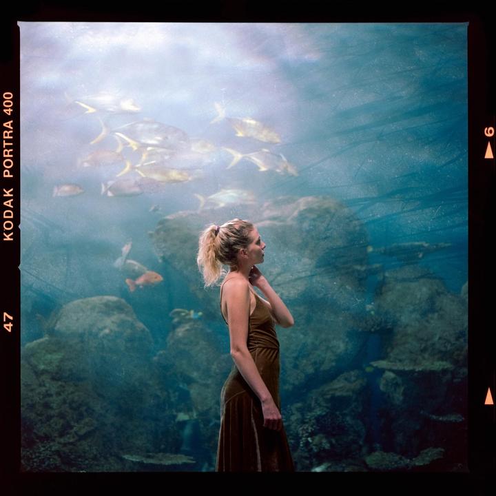 A woman in a brown dress stands in front of an aquarium with fish swimming in the water.