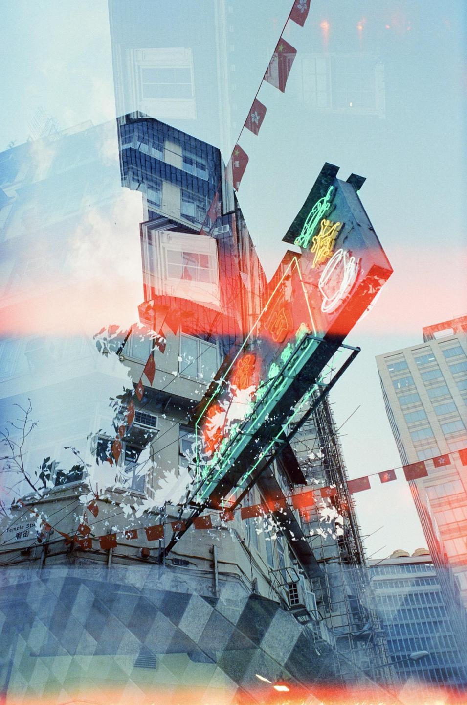 Multiple exposures of buildings with neon signs and flags create an abstract urban landscape.