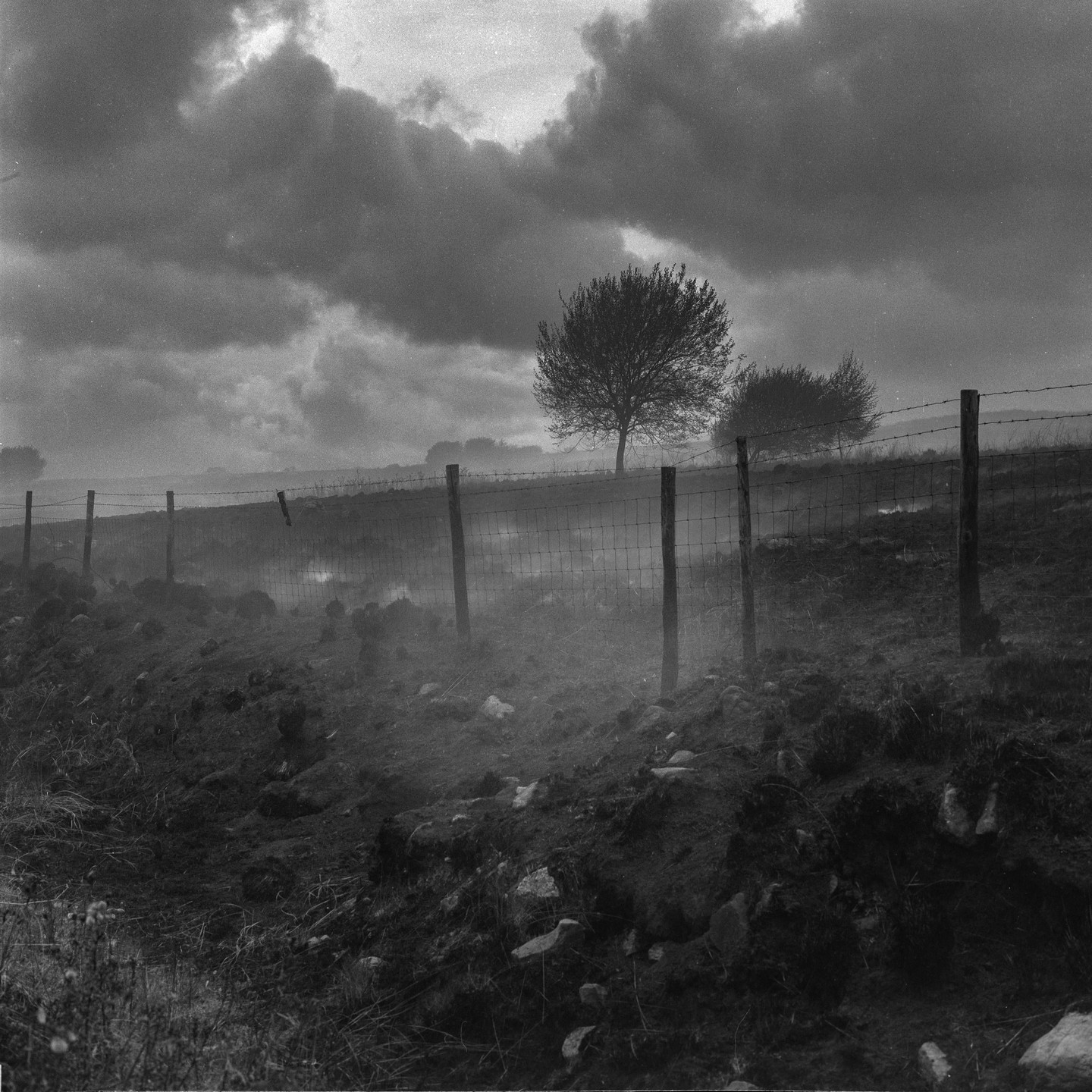 Smoke rises from a recently burned hillside with a fence and trees under a cloudy sky.