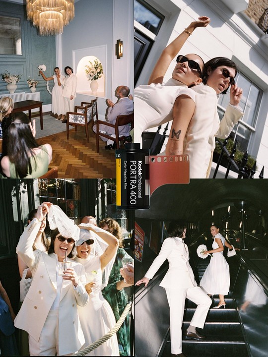 Two women in white outfits celebrate their wedding in four different settings.