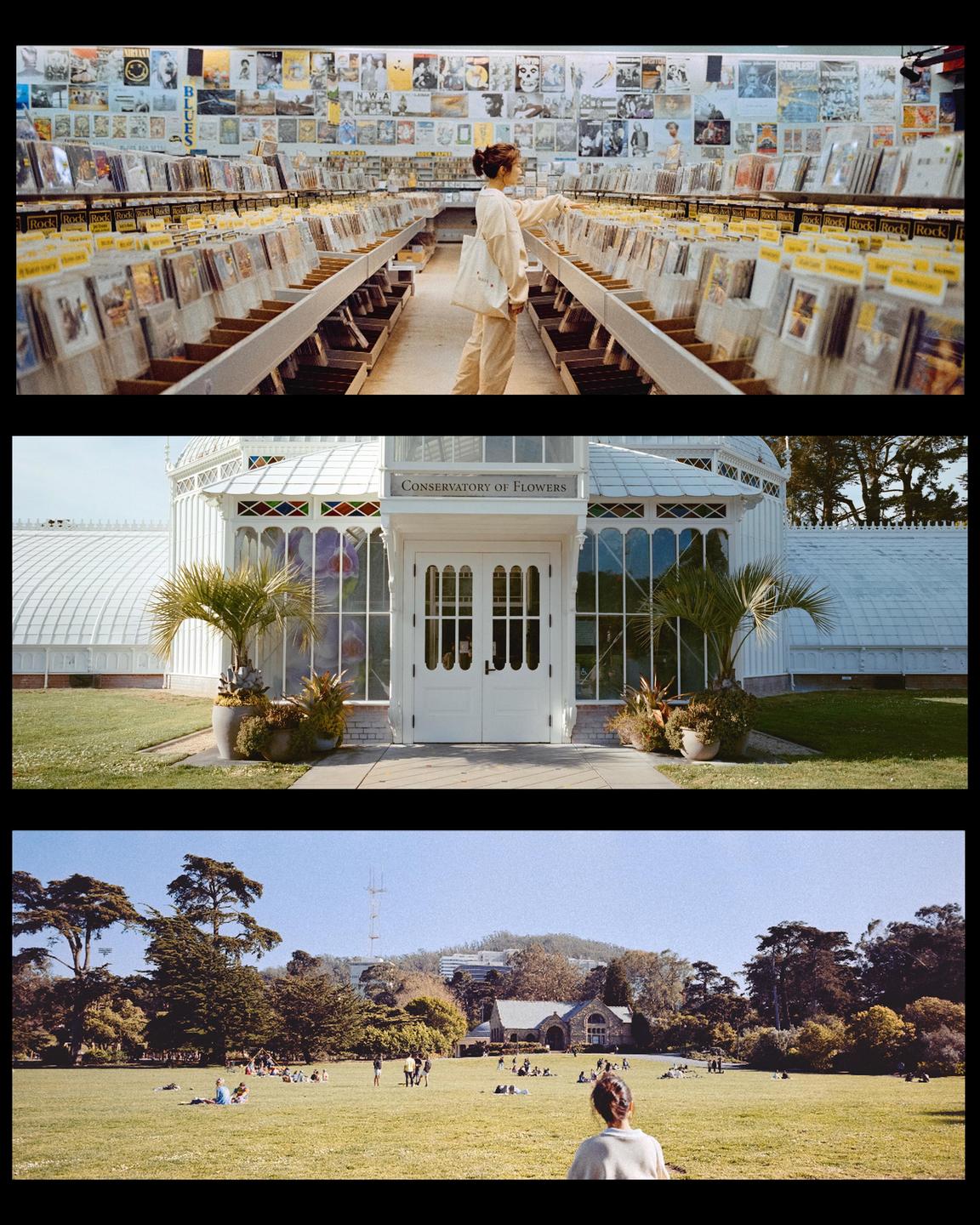 Three images show a woman browsing records in a store, a white conservatory building, and a park with people relaxing on the grass.