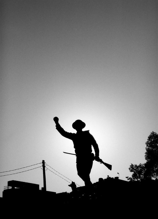 A silhouette of a man in a hat holding a rifle and raising his fist is visible against a bright sky.