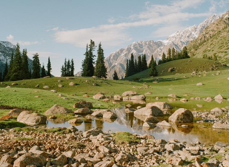 A body of water with rocks in the foreground reflects a snow-capped mountain and evergreen trees under a blue sky.