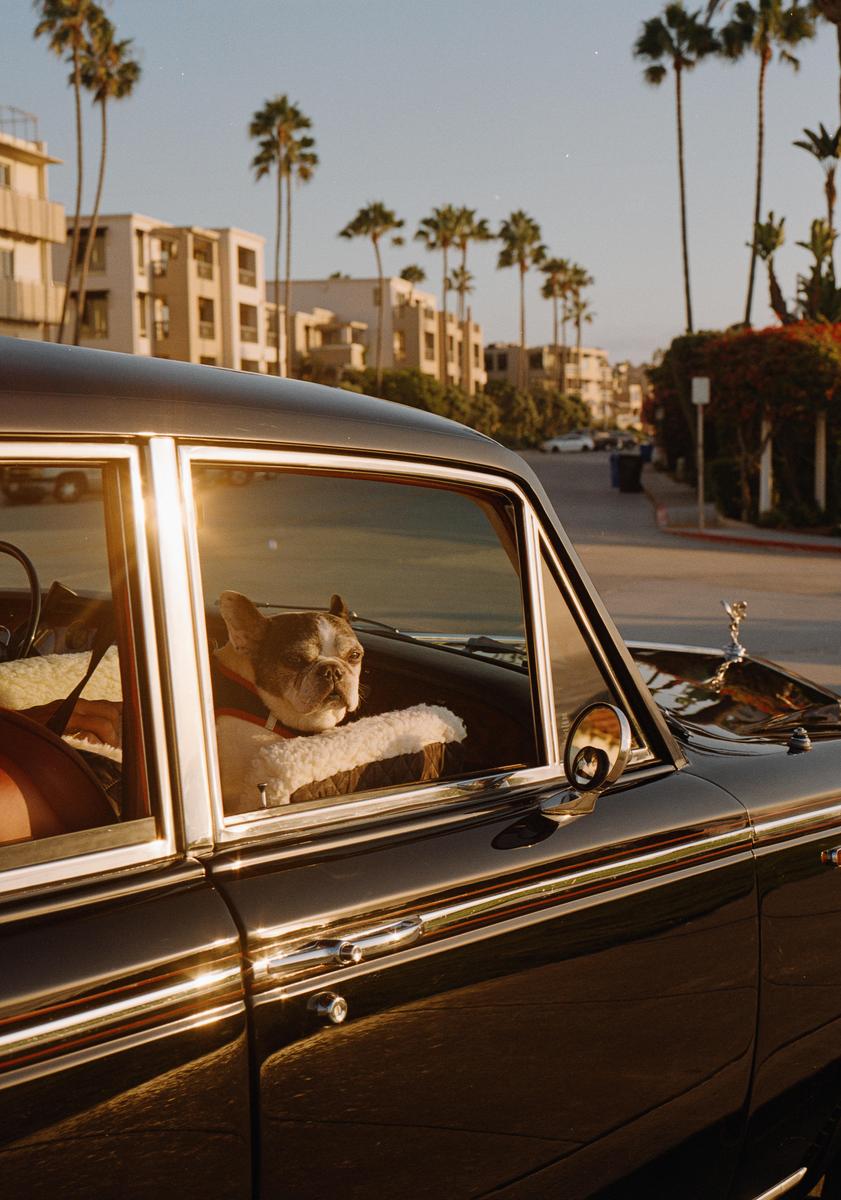 A french bulldog looks out the window of a black car on a street lined with palm trees and buildings.