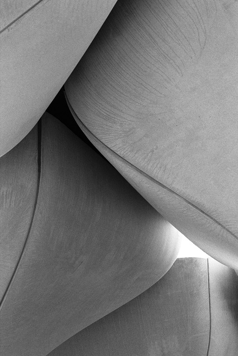 Curved concrete forms overlap and create abstract shapes with varying shadows.
