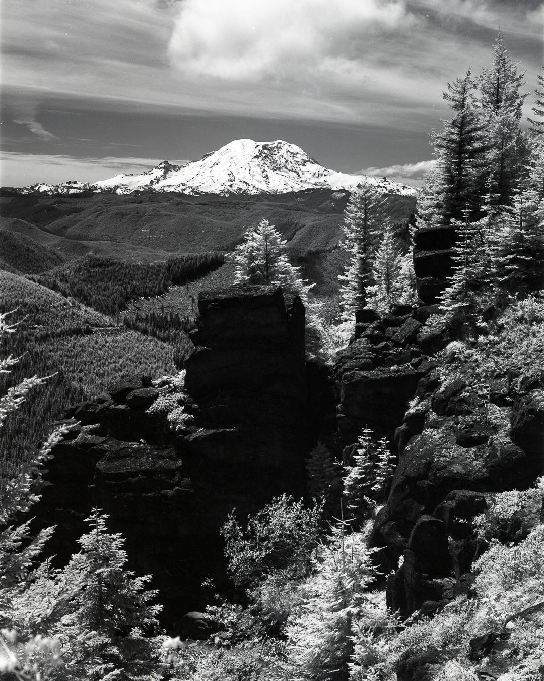 A snow-capped mountain rises above a forested landscape with rocky outcrops and bright trees.