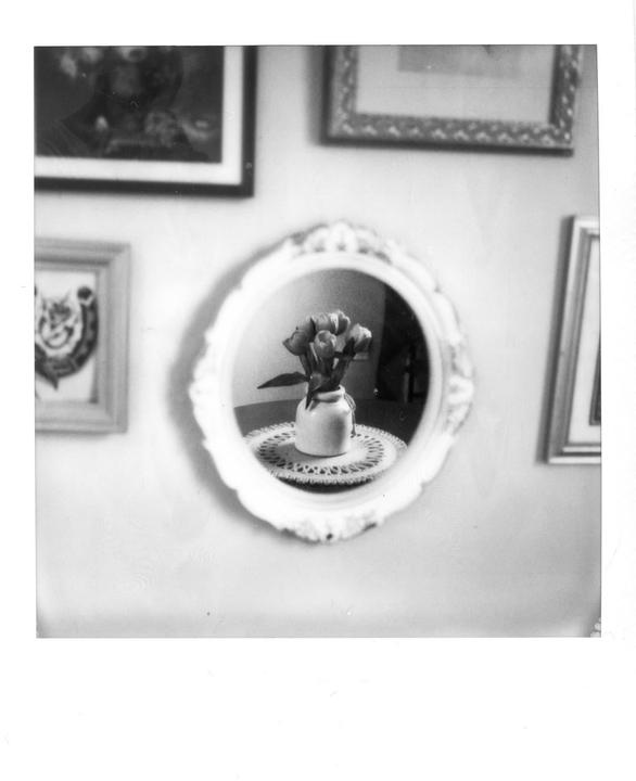 A vase of flowers is reflected in a decorative mirror on a wall surrounded by framed pictures.
