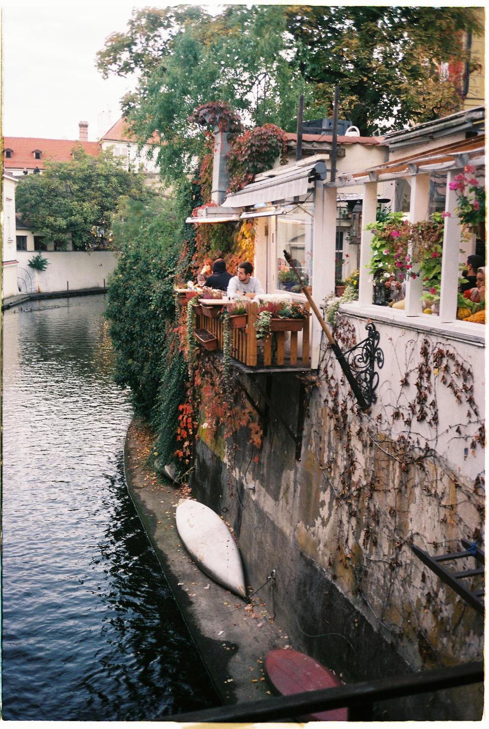 A restaurant with a balcony overlooking a canal is surrounded by lush green and red foliage.