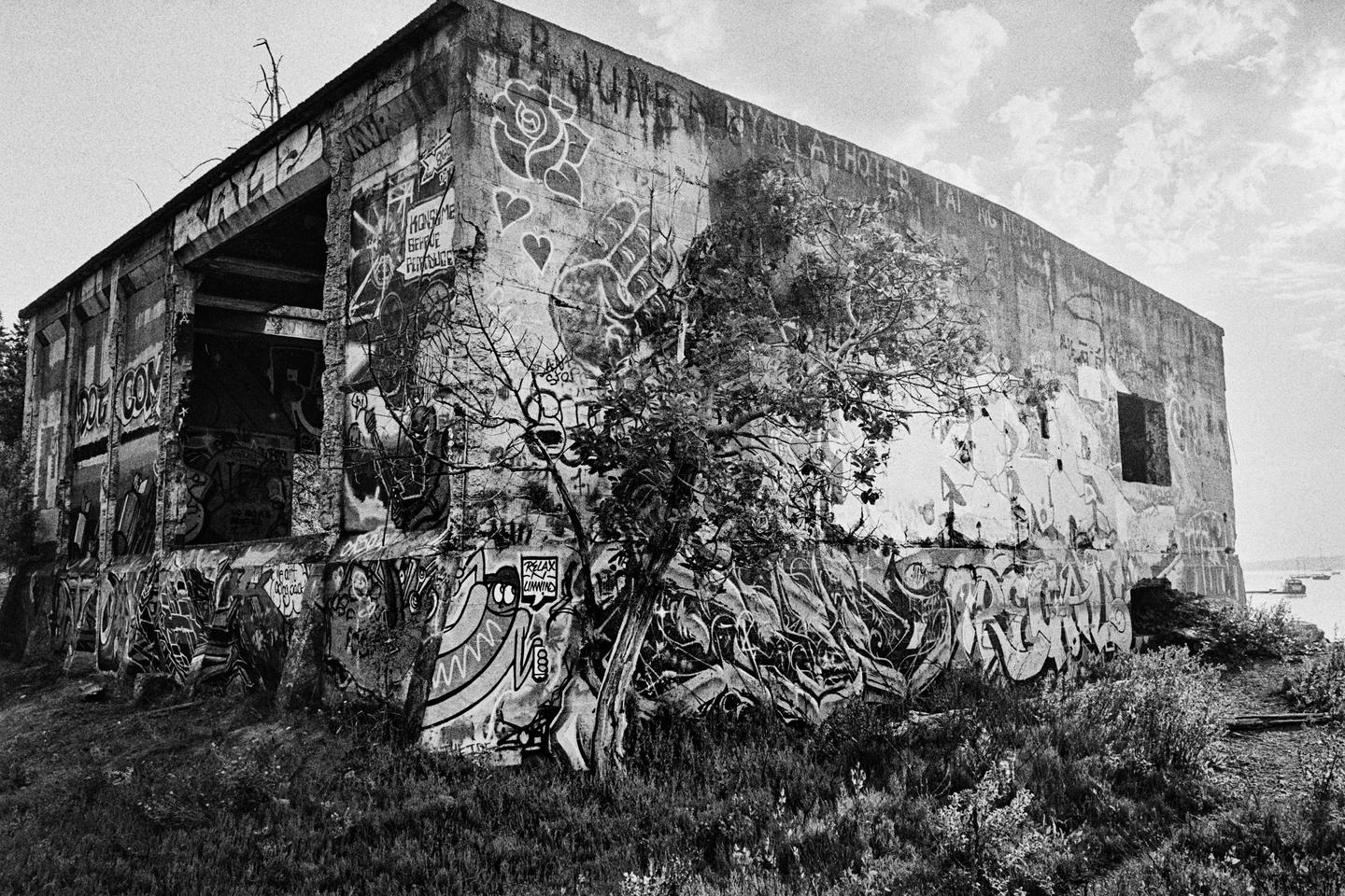 A concrete building covered in graffiti stands on a grassy hill overlooking a body of water with boats.
