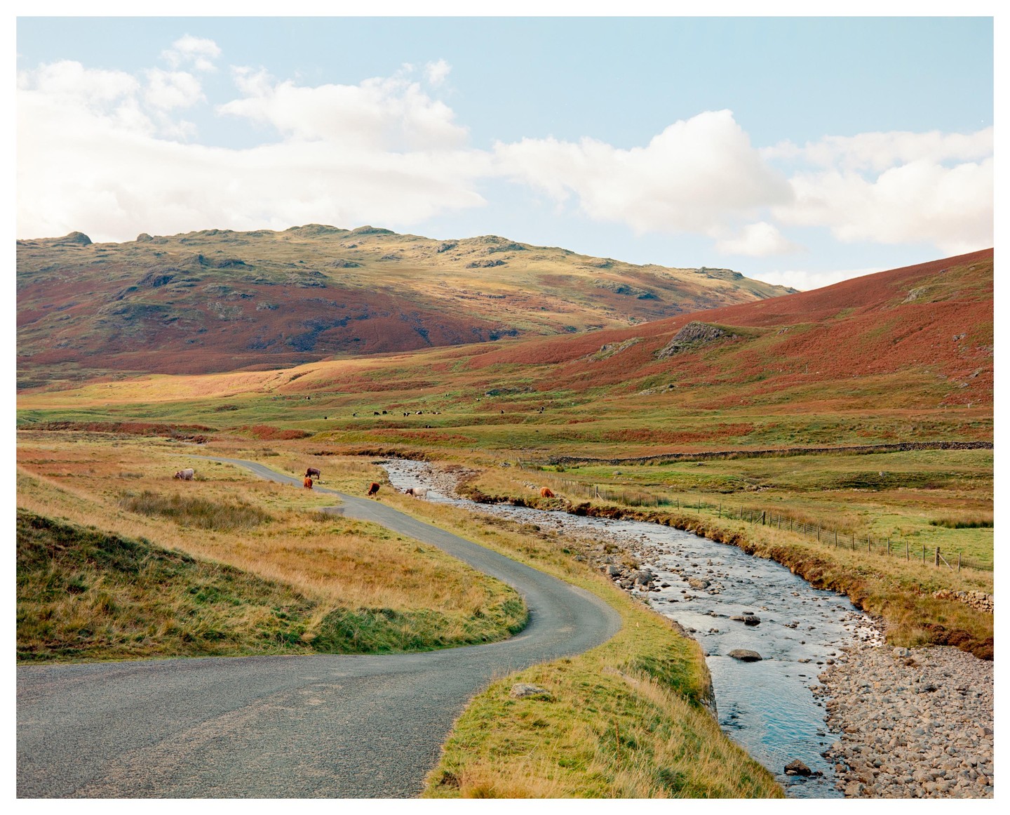 A winding road follows a river through a valley with hills covered in red and green foliage under a blue sky with clouds.
