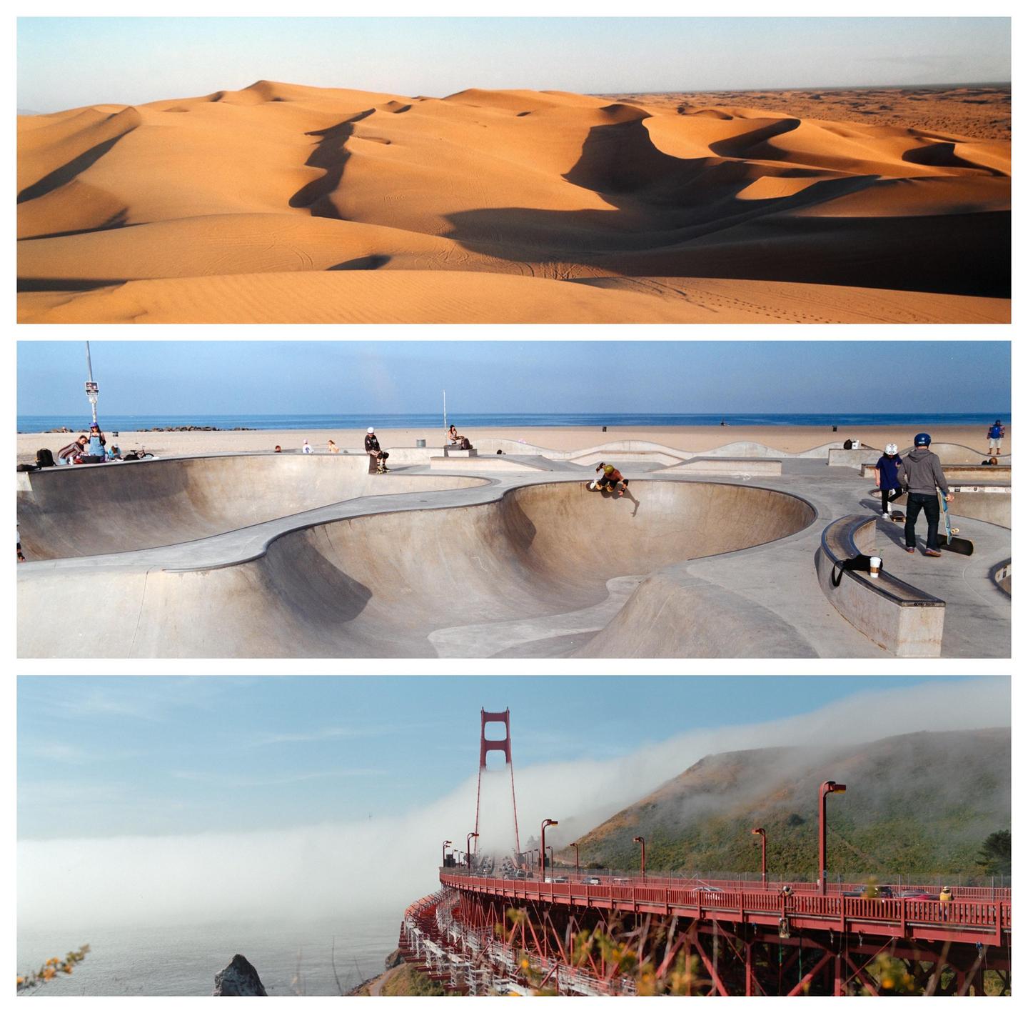 Three panoramic images are stacked vertically, showing a desert landscape, a skatepark by the beach, and the Golden Gate Bridge shrouded in fog.