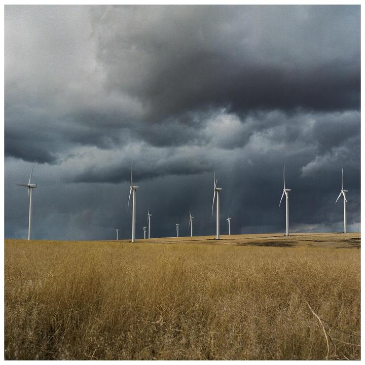 A field of dry grass is in the foreground with several wind turbines under a dark, cloudy sky.