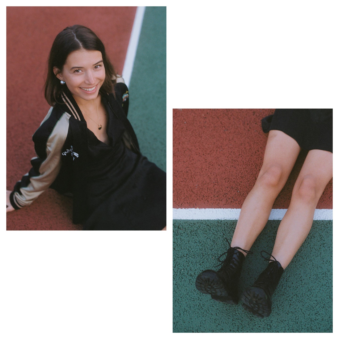 A woman wearing a black and gold jacket smiles while sitting on a tennis court.