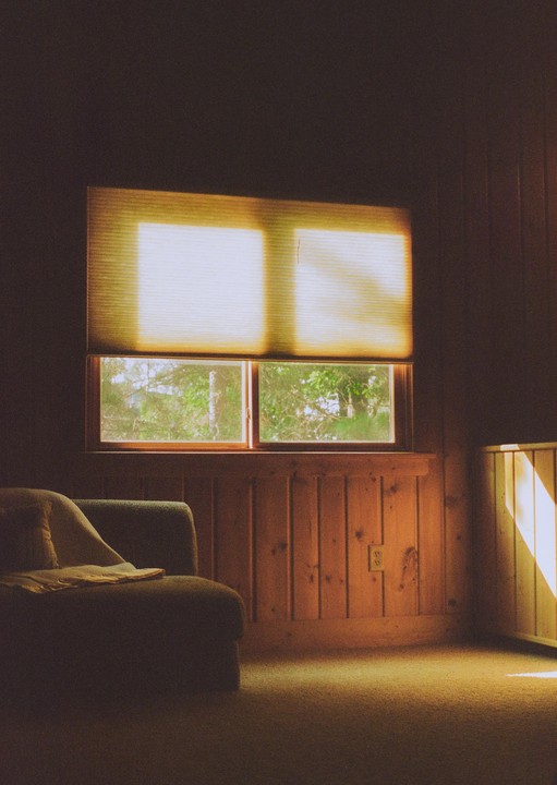 Sunlight streams through a window with blinds, illuminating a room with wood paneling and a chaise lounge.