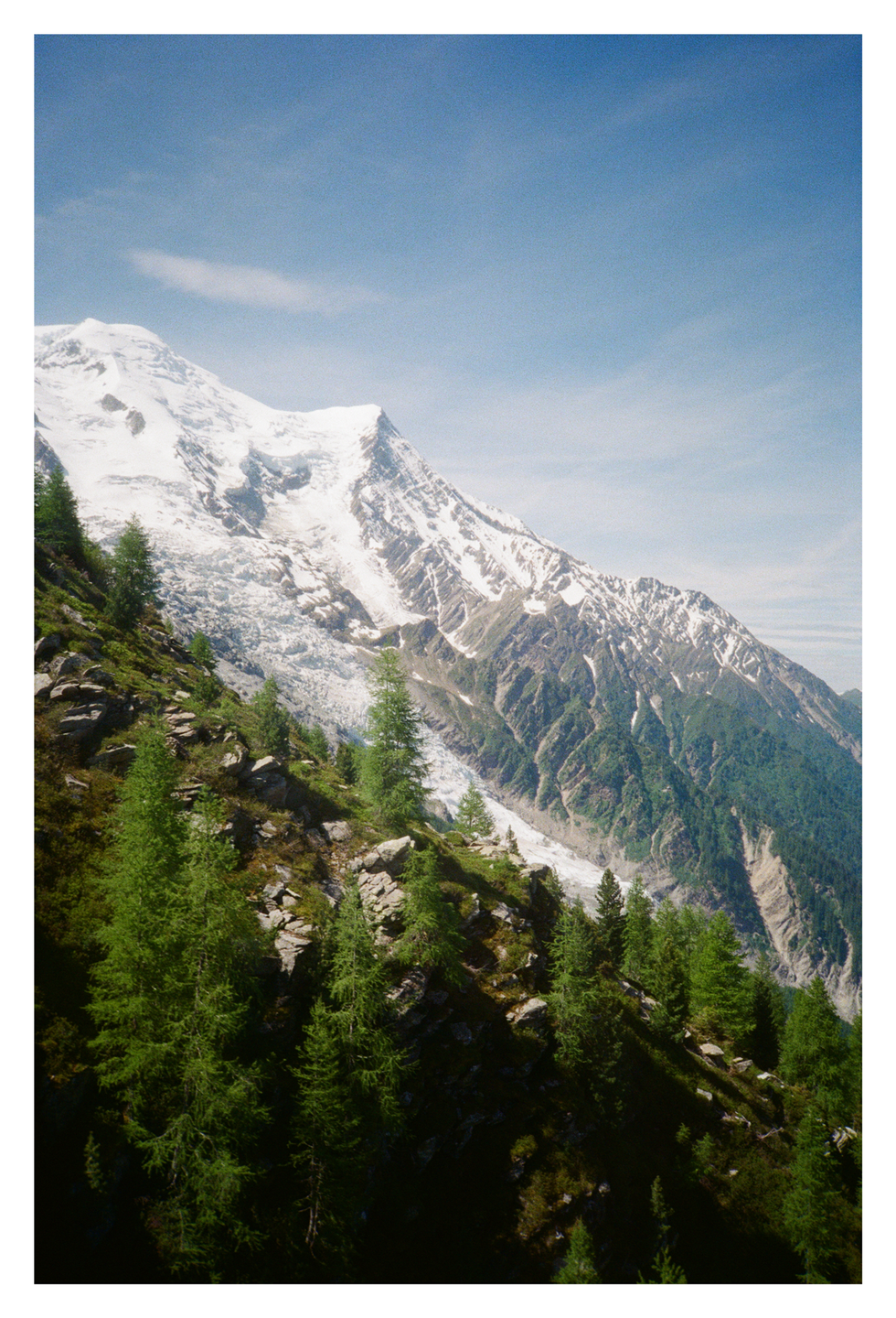 A snow-capped mountain peak rises above a forested slope with a glacier visible in the valley.