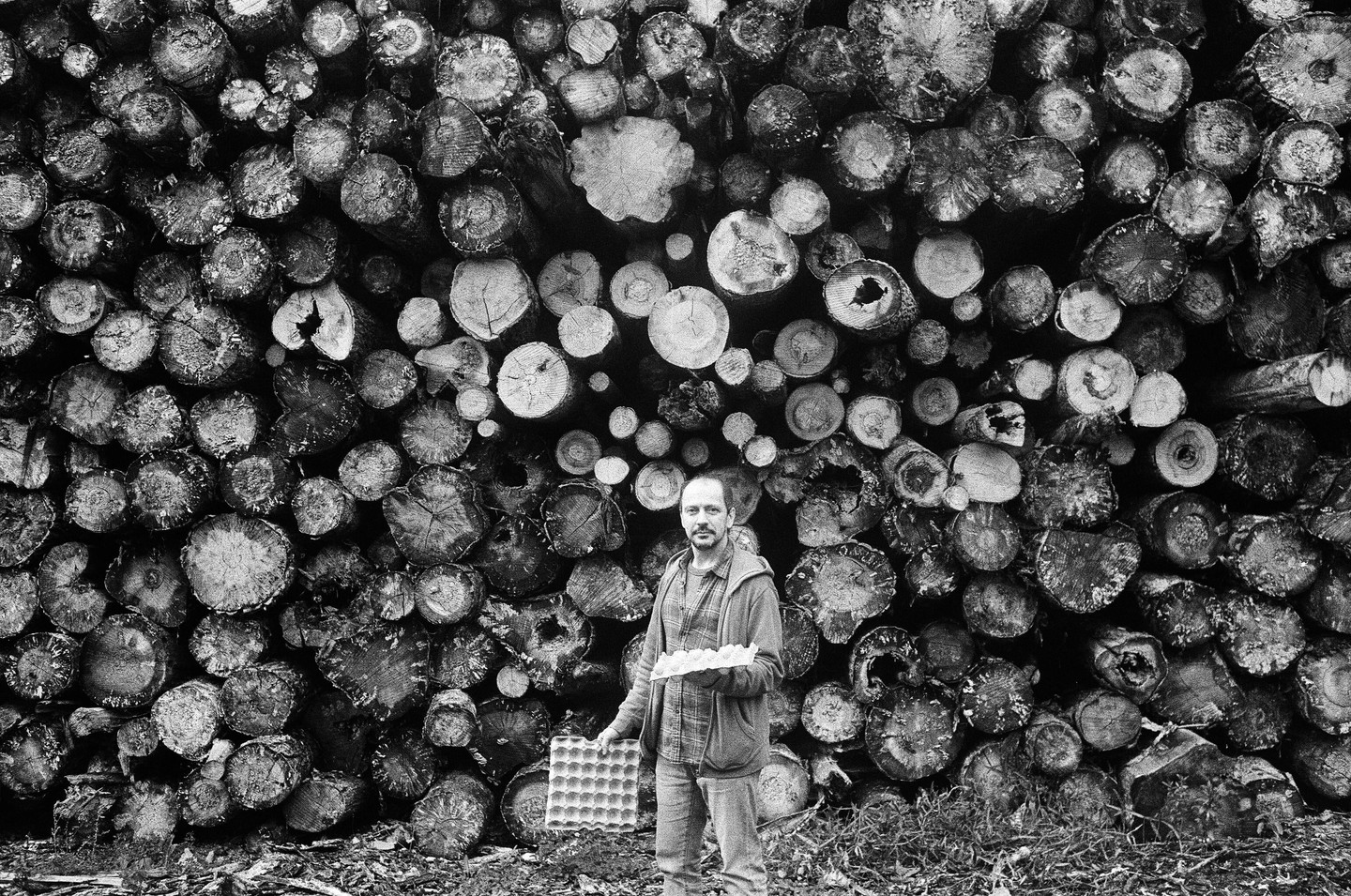 A man stands in front of a large stack of cut logs, holding a tray of eggs and an empty egg carton.