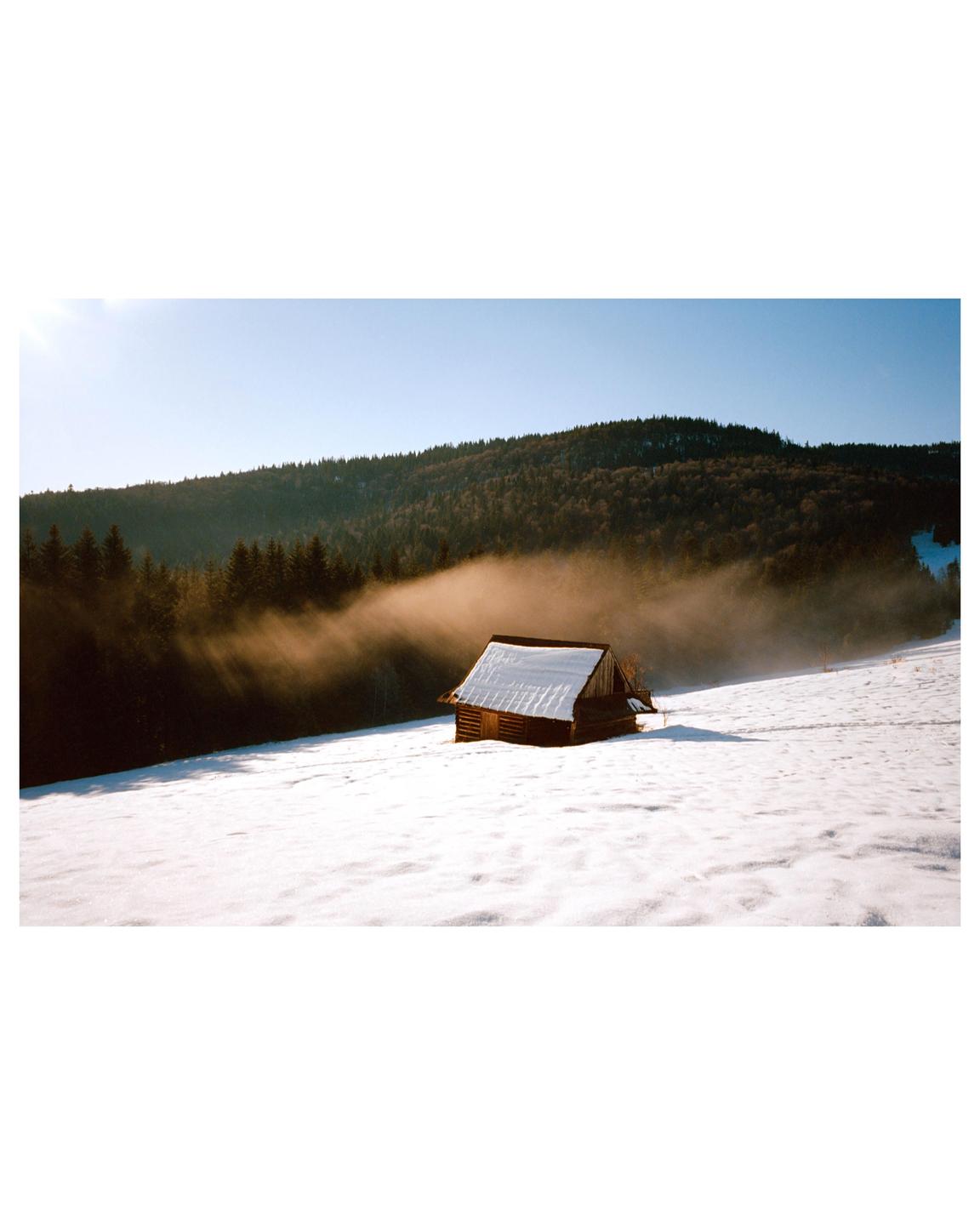 A small wooden cabin sits in a snow-covered field with a forest and mountain in the background.