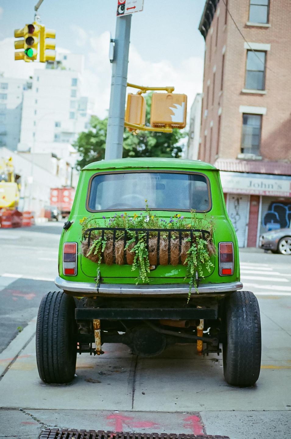 A green car with a planter full of plants on its rear bumper is parked on a city street.