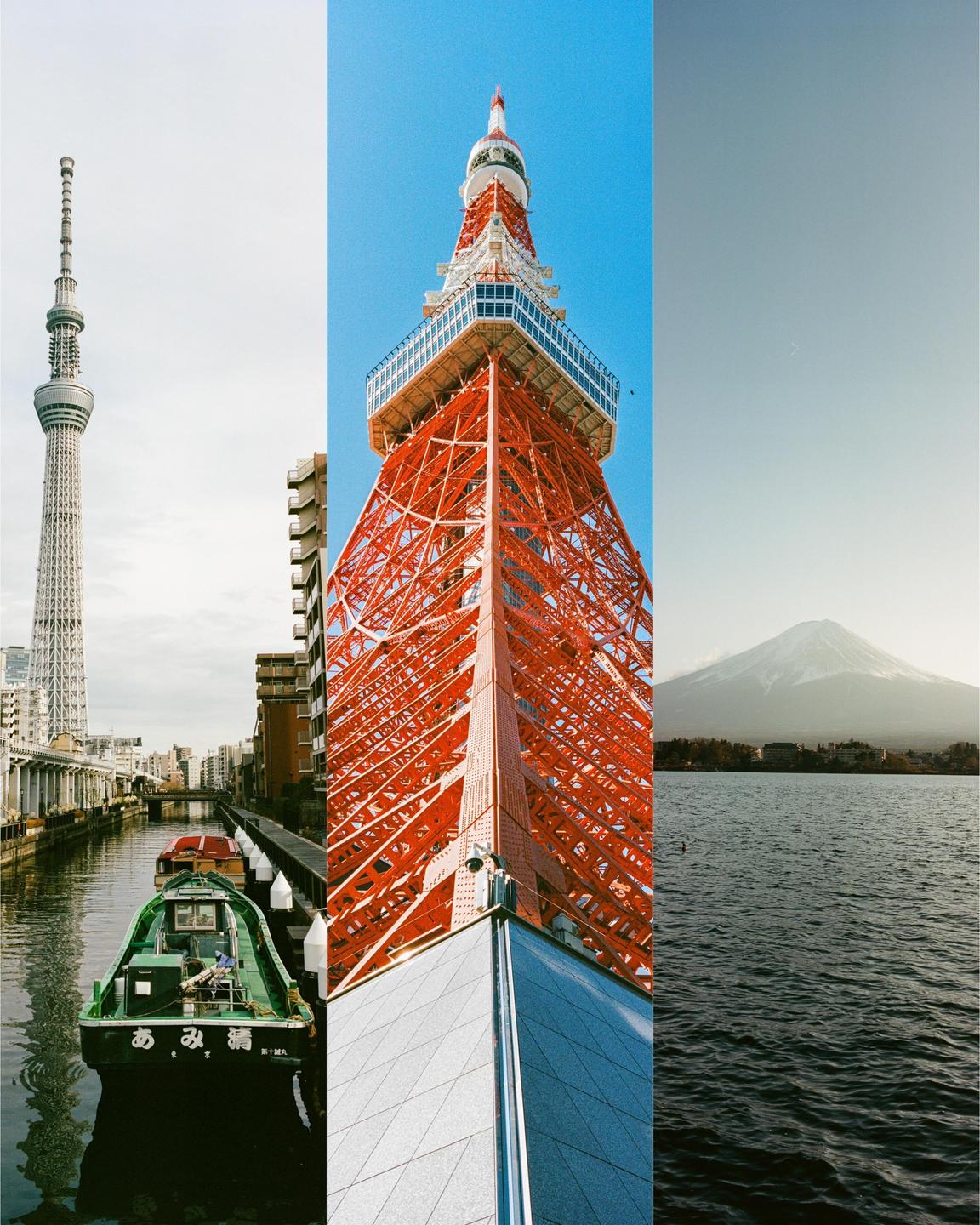 Three vertical panels show a canal with a boat and a tall tower, a red and white tower against a blue sky, and a lake with a mountain in the background.
