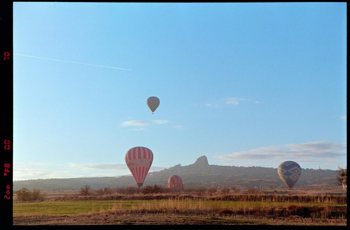 Hot air balloons float above a field with a mountain in the background.