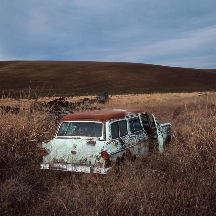 An old, rusted station wagon sits abandoned in a field of tall, dry grass under a cloudy sky.