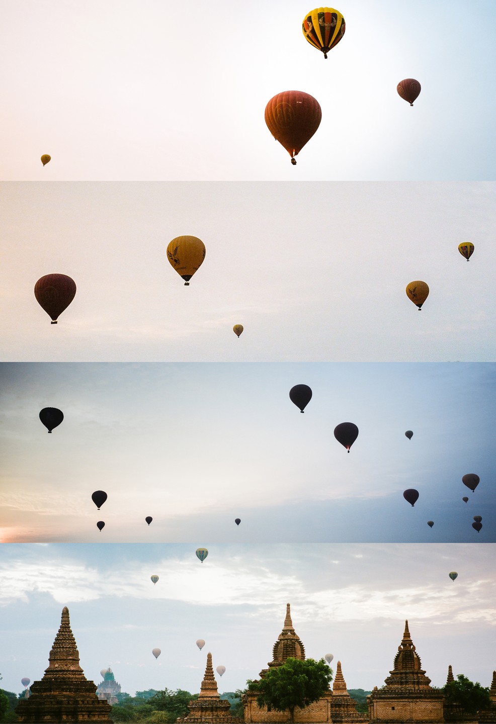 Hot air balloons float above ancient temples at sunrise.
