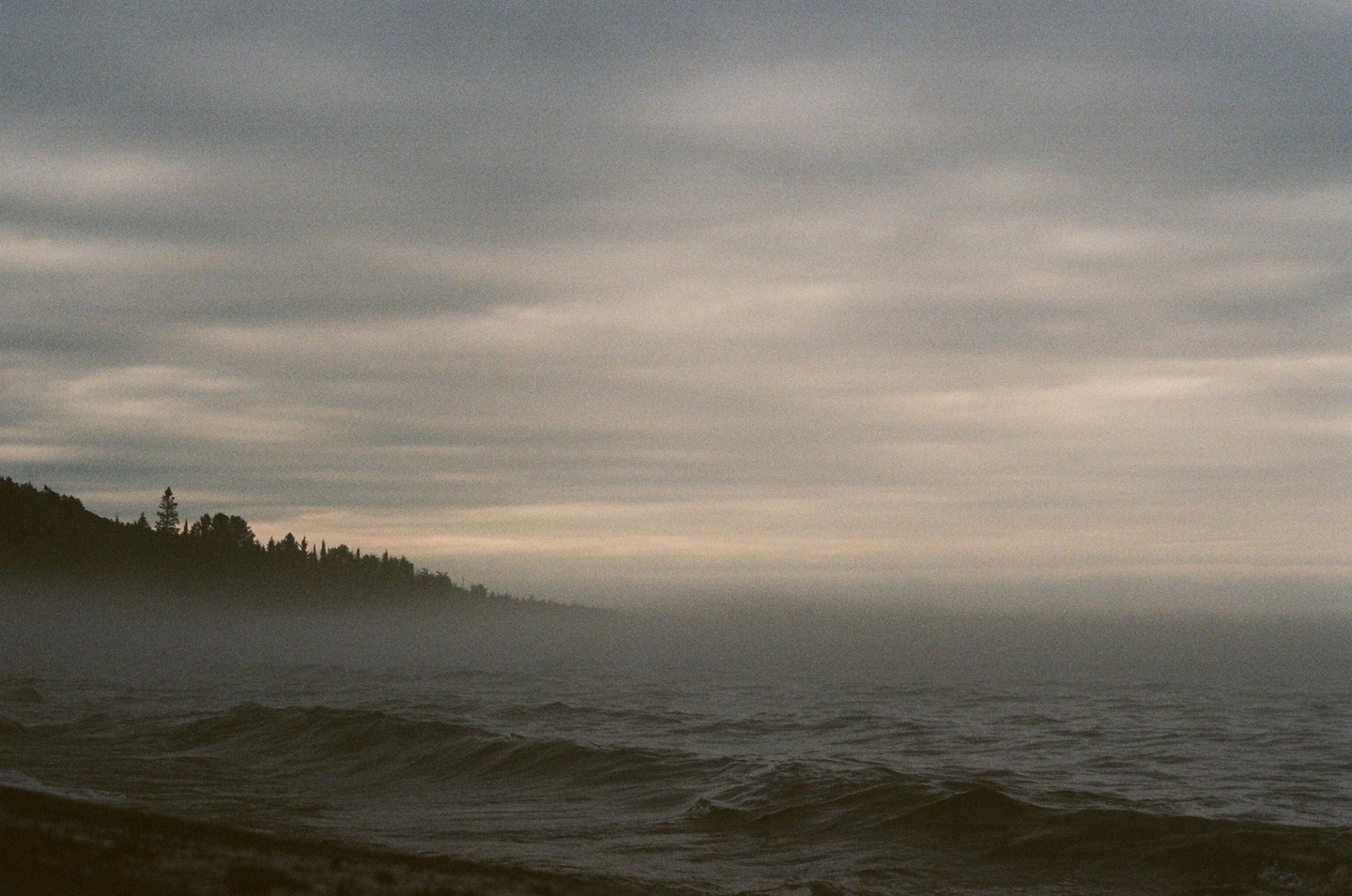 A body of water with waves crashes against a tree-lined shore under a cloudy sky.