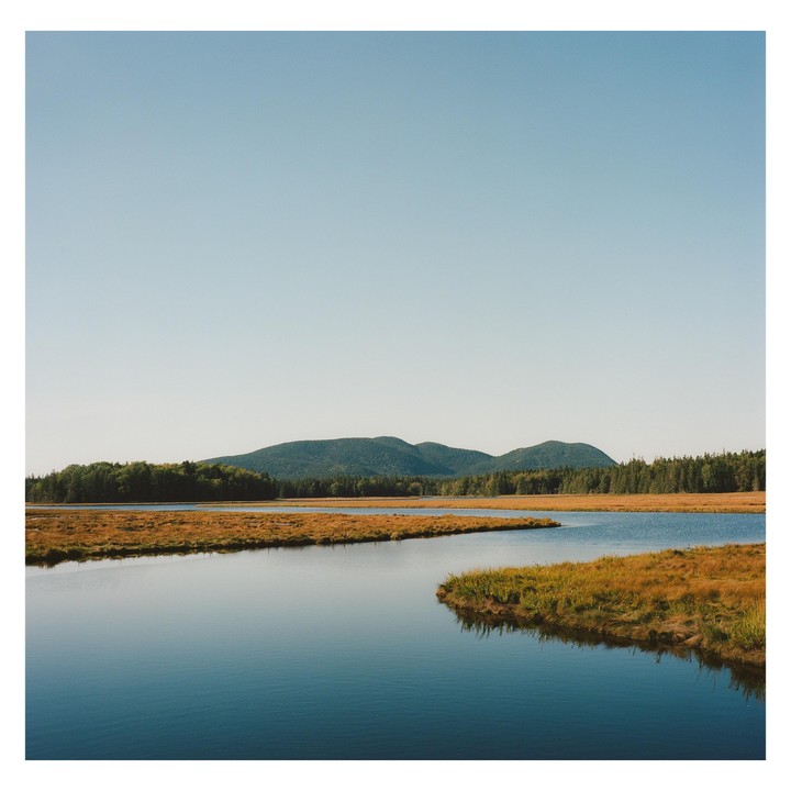 A body of water with marshland and forested mountains in the background is visible under a clear sky.