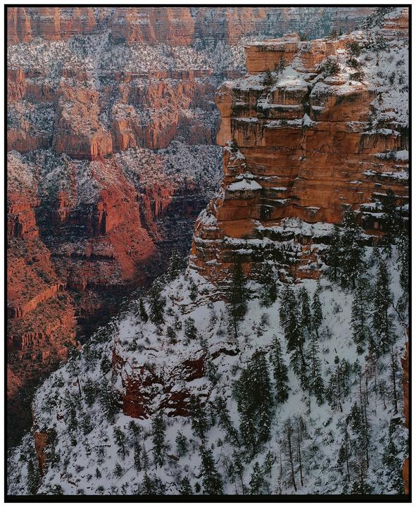 A snow-covered canyon with pine trees and red rock formations is visible.