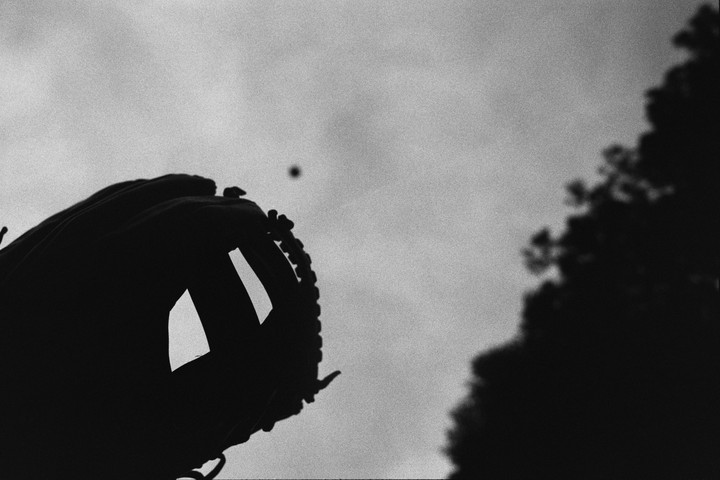 A baseball glove is silhouetted against the sky with a small ball in the distance and a tree on the right.