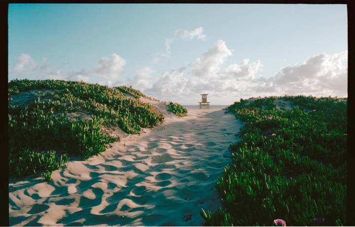 A sandy path leads through dunes covered in green vegetation towards a lifeguard stand on the beach under a cloudy sky.