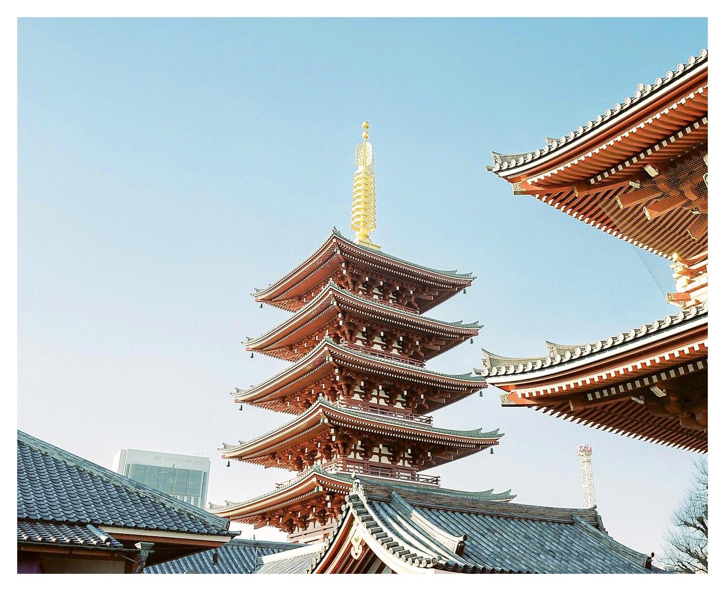 A five-story pagoda with a golden spire stands against a clear blue sky, surrounded by other traditional Japanese rooftops.