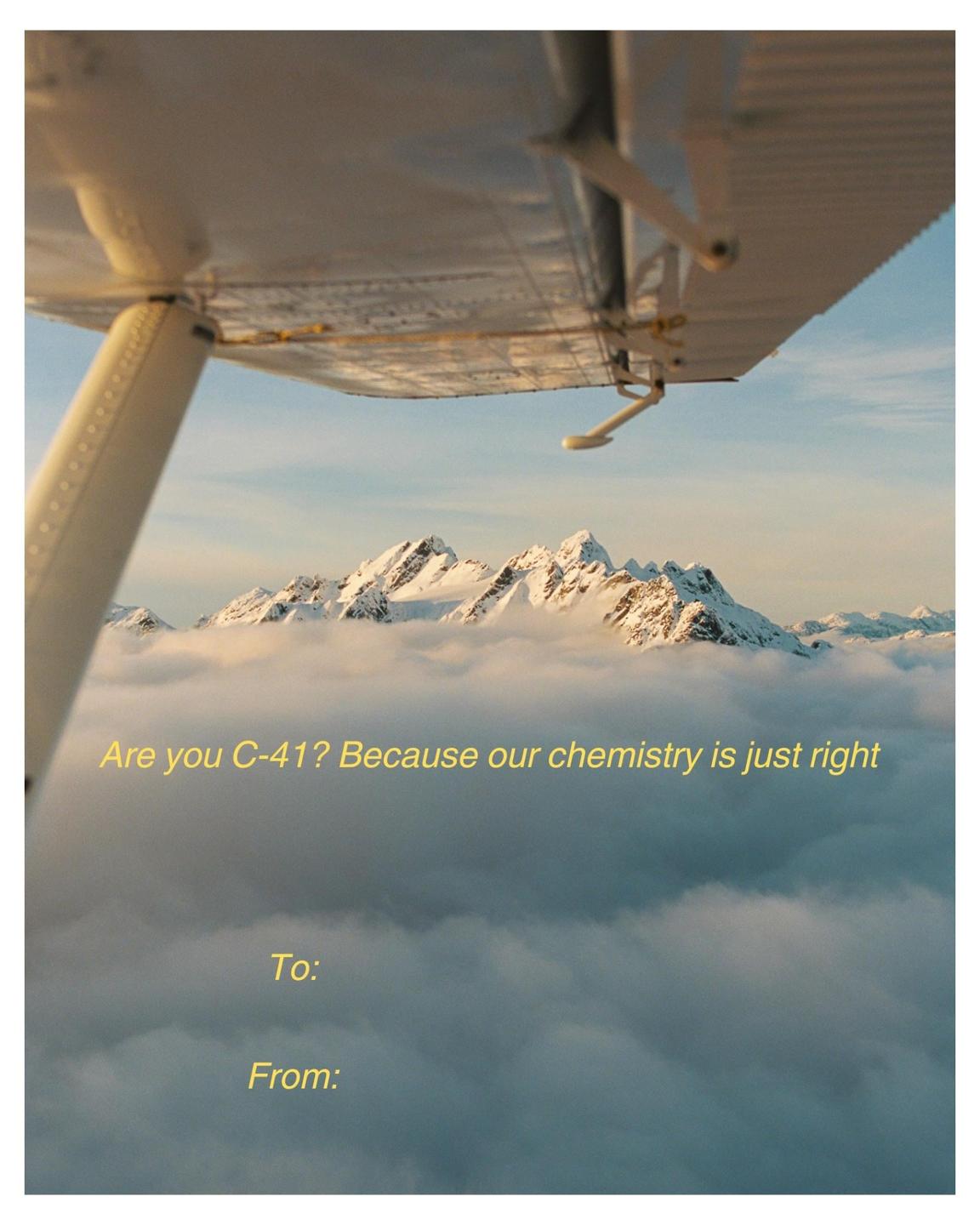 A view from an airplane shows snow-capped mountains above a layer of clouds with text overlaid.