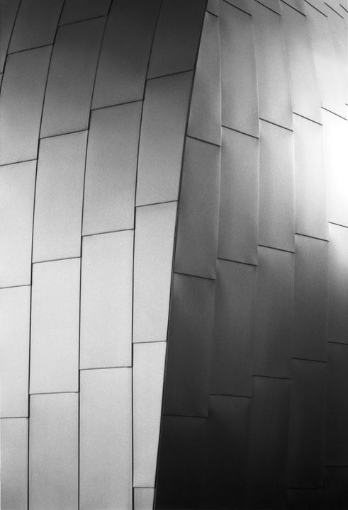 A black and white abstract image shows a building facade with curved, rectangular panels.