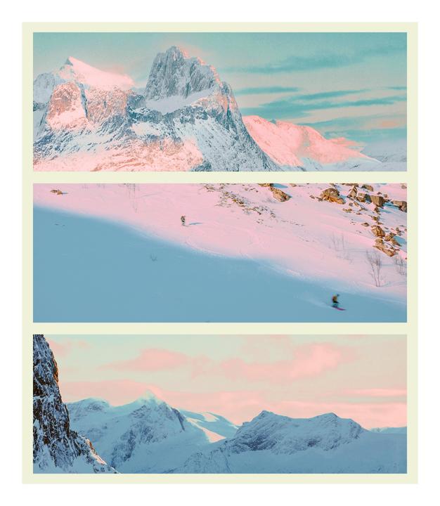 A triptych shows snowy mountains and two skiers on a slope under a pink and blue sky.
