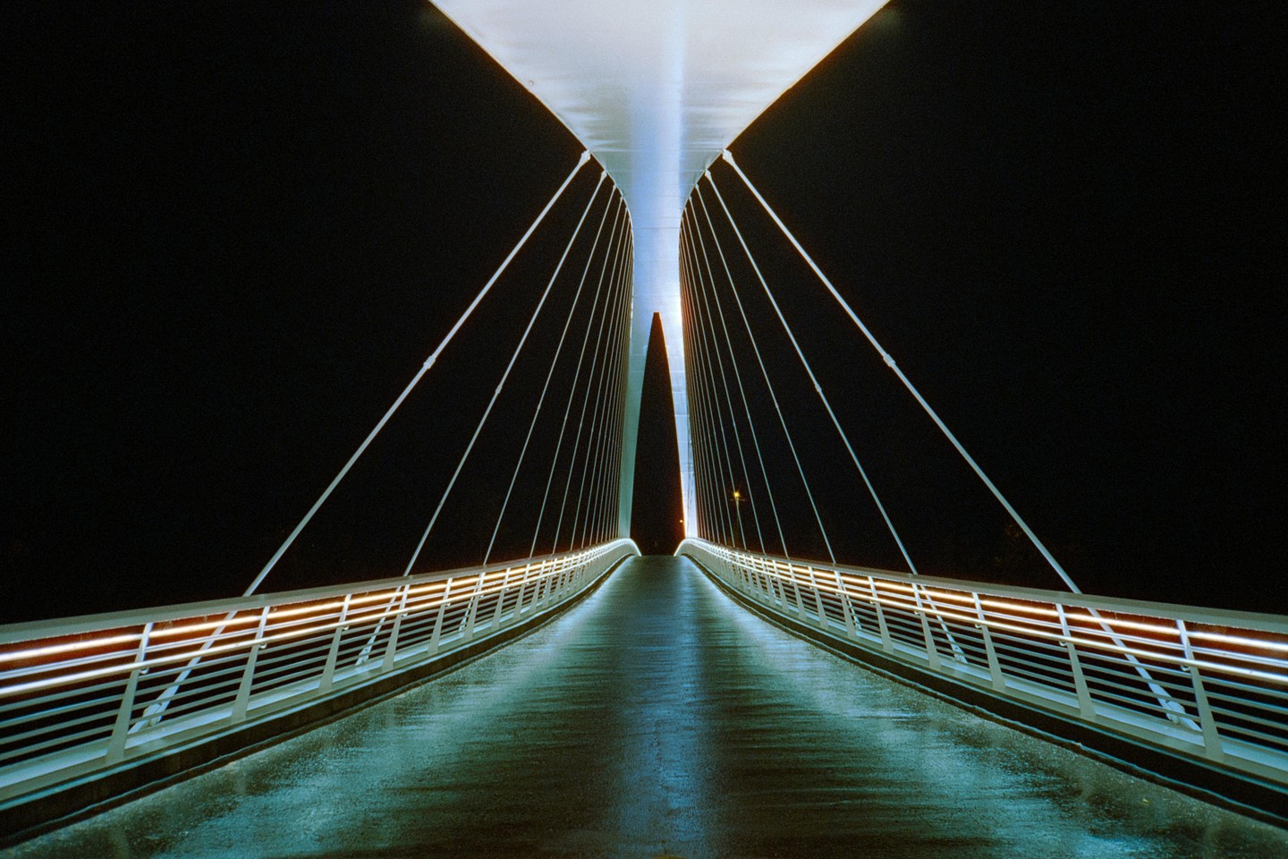 A long exposure shows a modern bridge illuminated at night with a wet surface reflecting the lights.