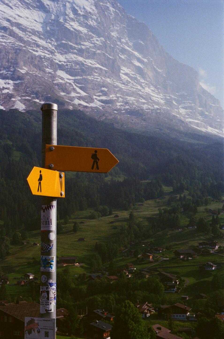 A hiking signpost with two yellow arrows points towards a valley with a village and a snow-capped mountain in the background.