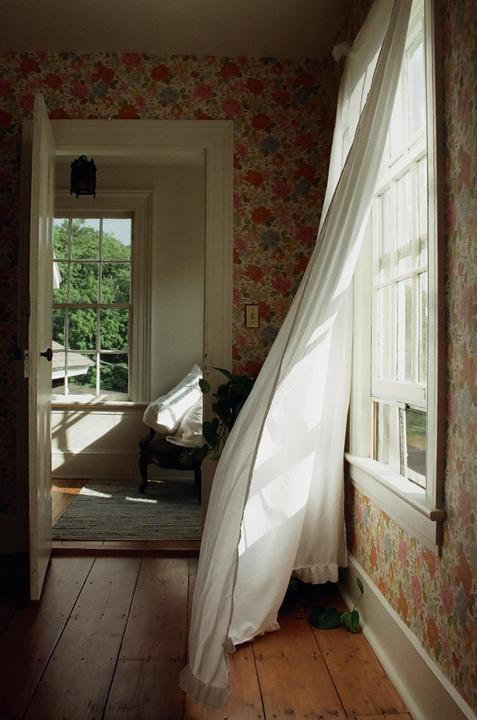 A white curtain billows inward from an open window, revealing a room with floral wallpaper and a glimpse of another room through an open doorway.