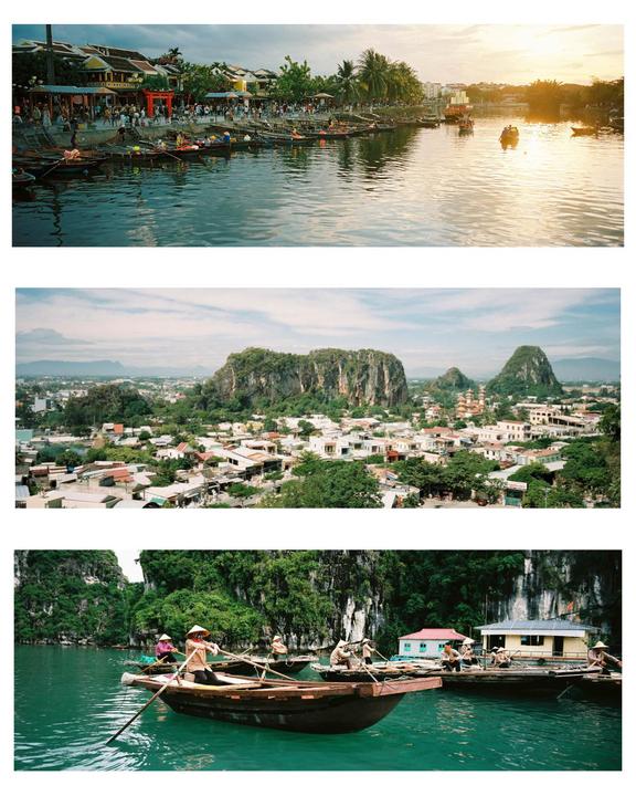 Three photographs show a river with boats and buildings, a town with mountains, and people in boats on water.