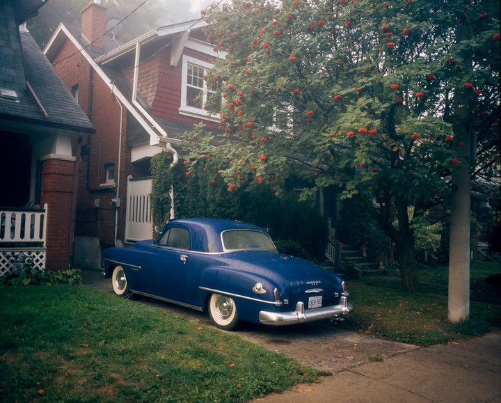 A blue car is parked on a driveway next to a house with a tree full of red berries.