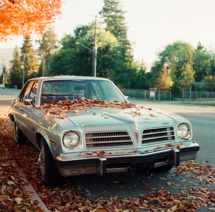 A light blue car is parked on the side of a street, covered in autumn leaves.